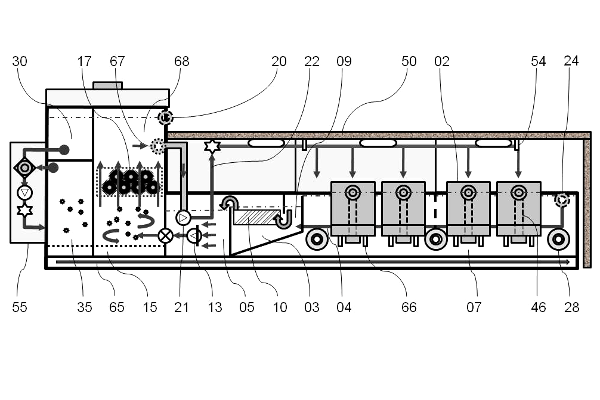 Entwurf von Indoor Fischzuchtanlagen von Ralf Fisch. Es handelt sich um einen Bioressource gestützten Kreislauf mit vollständiger Denitrifikation.